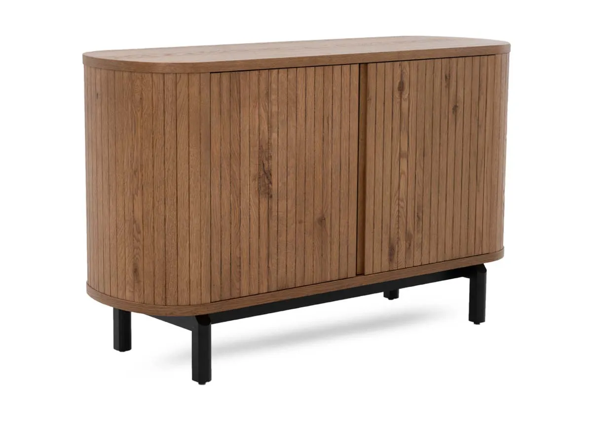 A rustic oak 2 door sideboard from EZ Livings Vega range. Angled view of slat wood finish.