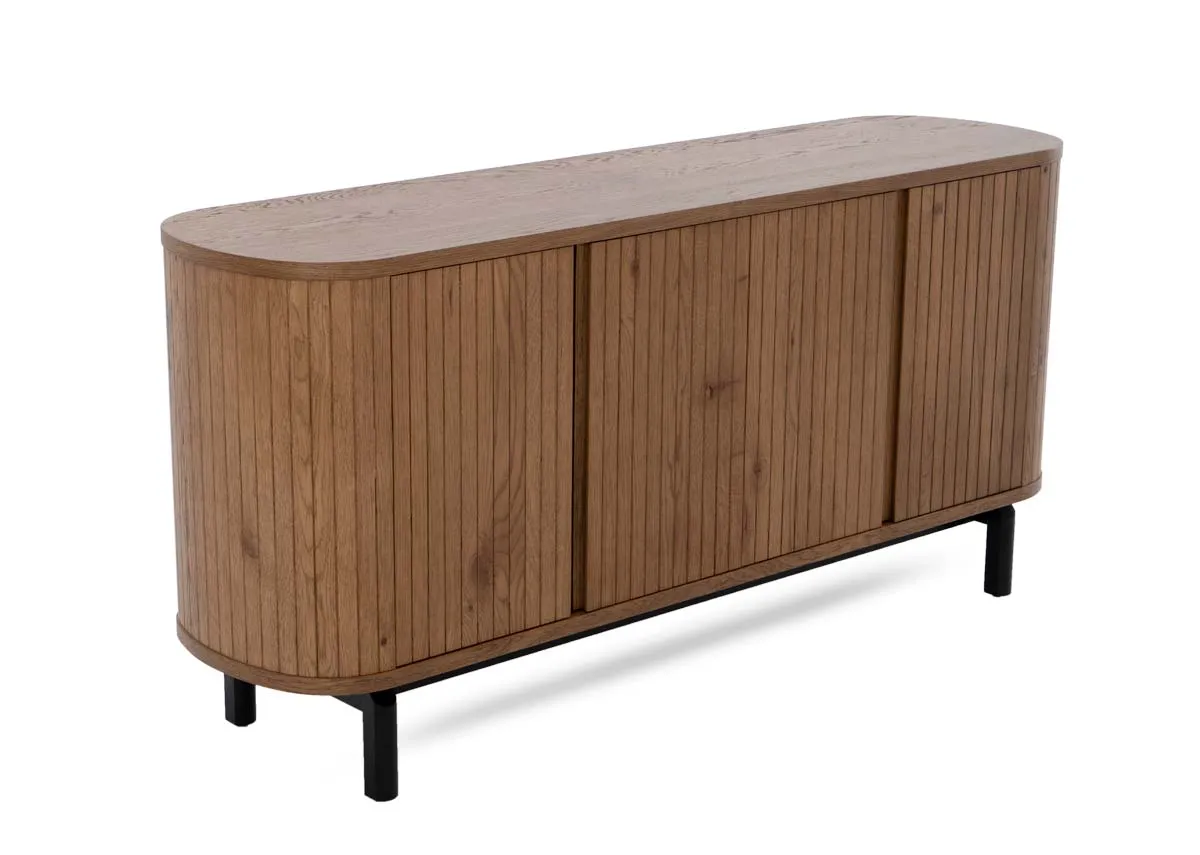 A wide rustic oak sideboard with panel finish from EZ Livings Vega range. Angled view of soft close doors with no handles.