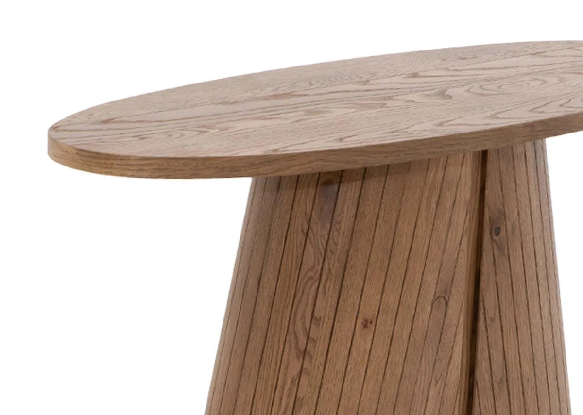 An oval console table in rustic oak from EZ Livings Vega range. Closeup of panel effect on pedestal