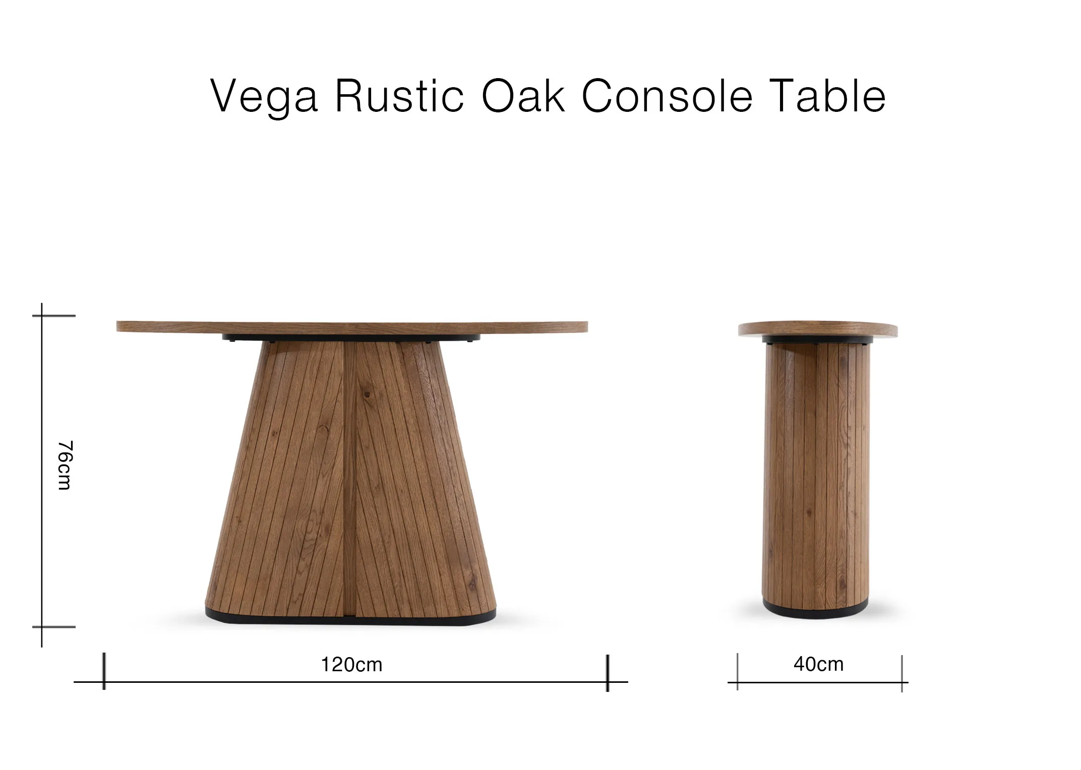 A dimension image of the Vega oak console table with 120cm x 40cm x 76cm