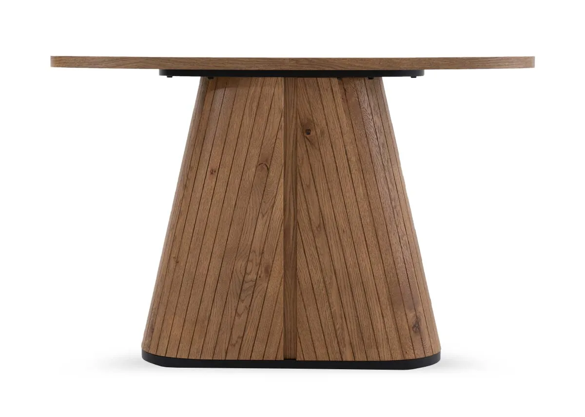 An oval console table in rustic oak from EZ Livings Vega range. Front view of slim sleek table top