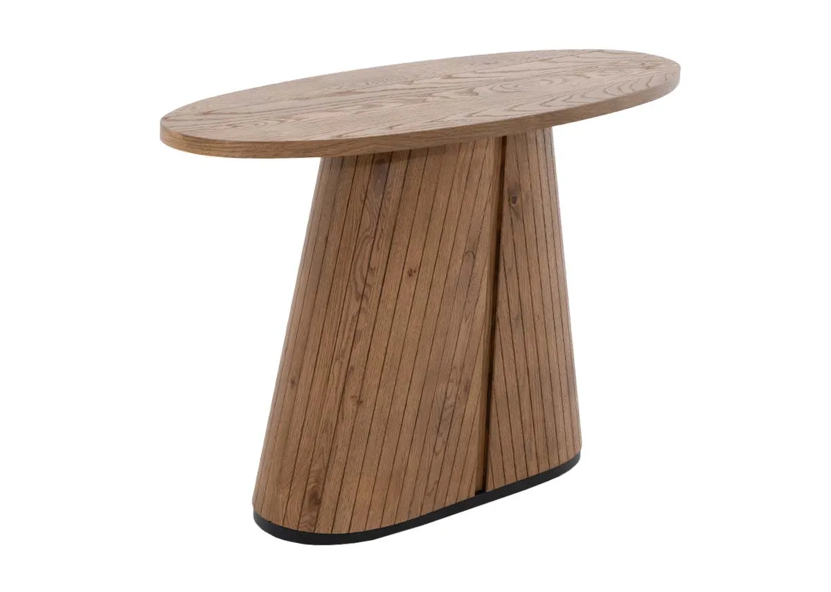 An oval console table in rustic oak from EZ Livings Vega range. Angled view.