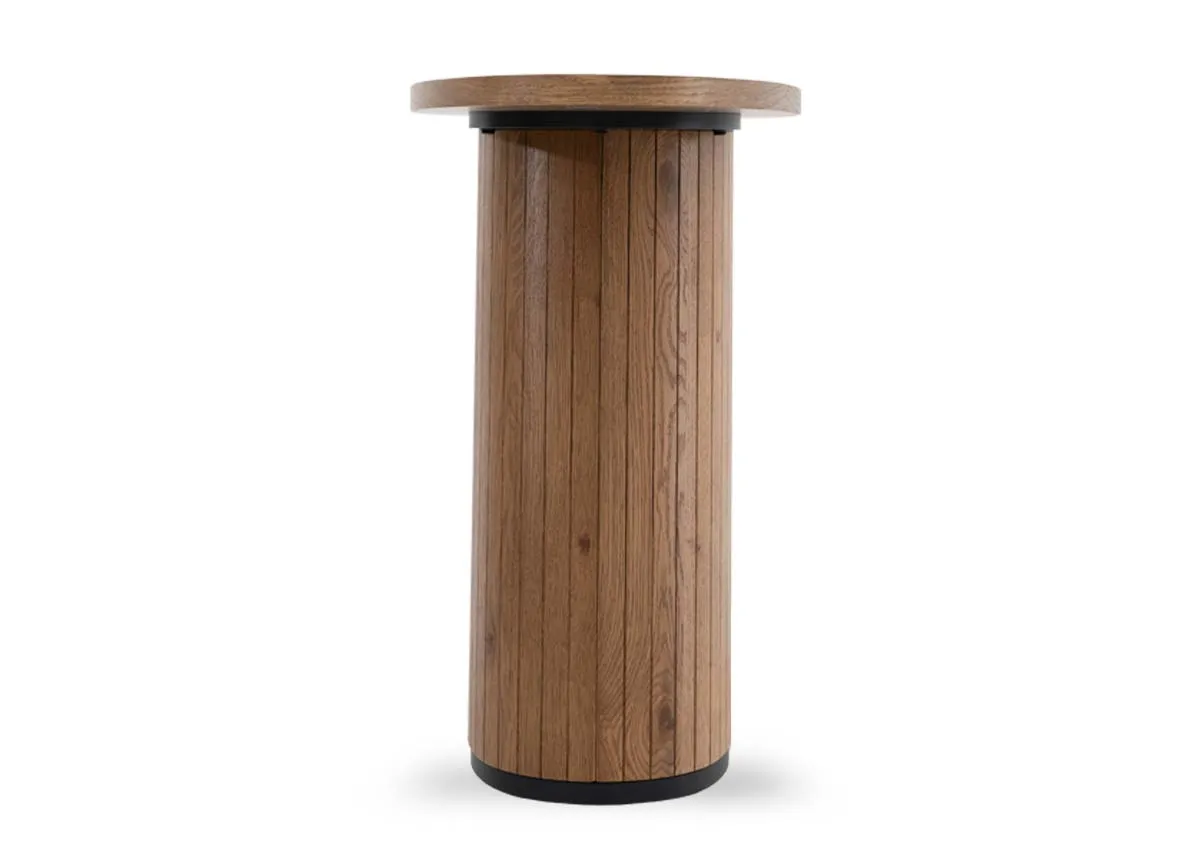 An oval console table in rustic oak from EZ Livings Vega range. Side view