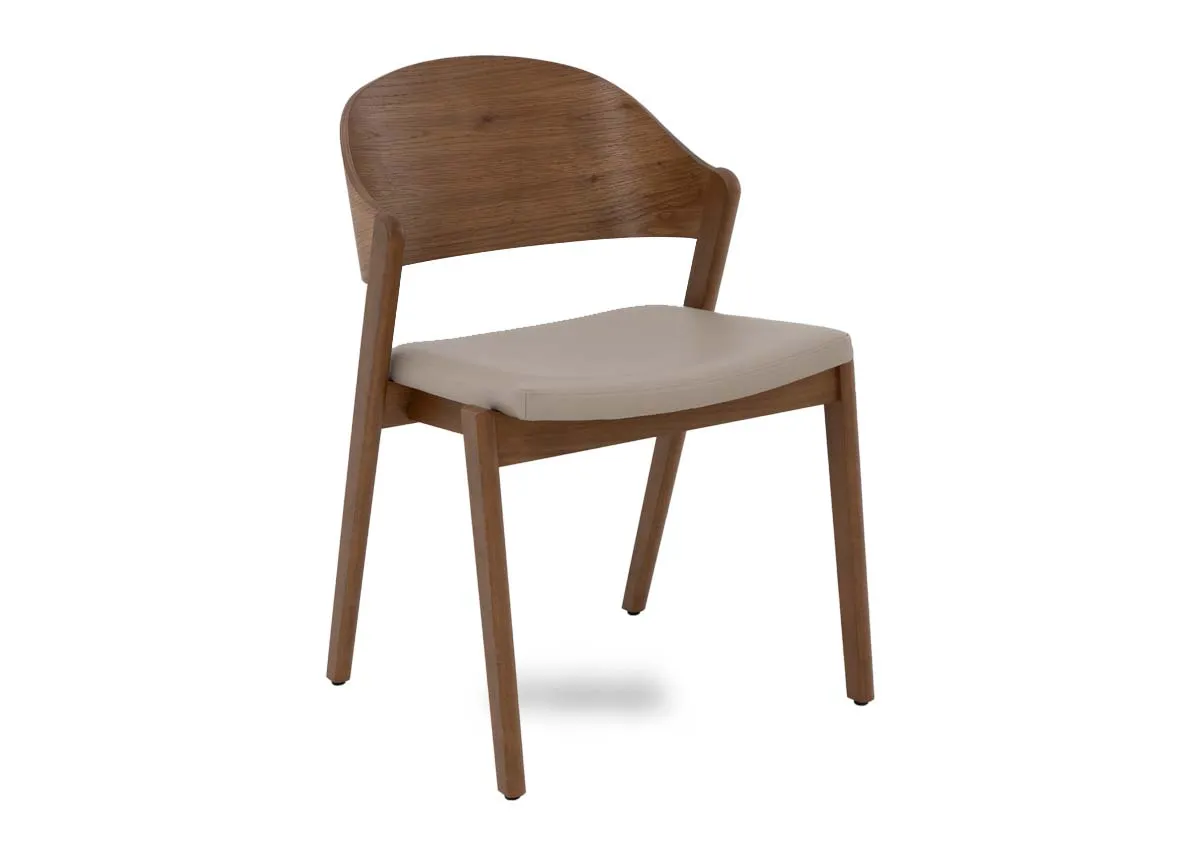 A rustic oak framed dining chair from EZ Livings Vega range. Angled view of ivory leather seat.