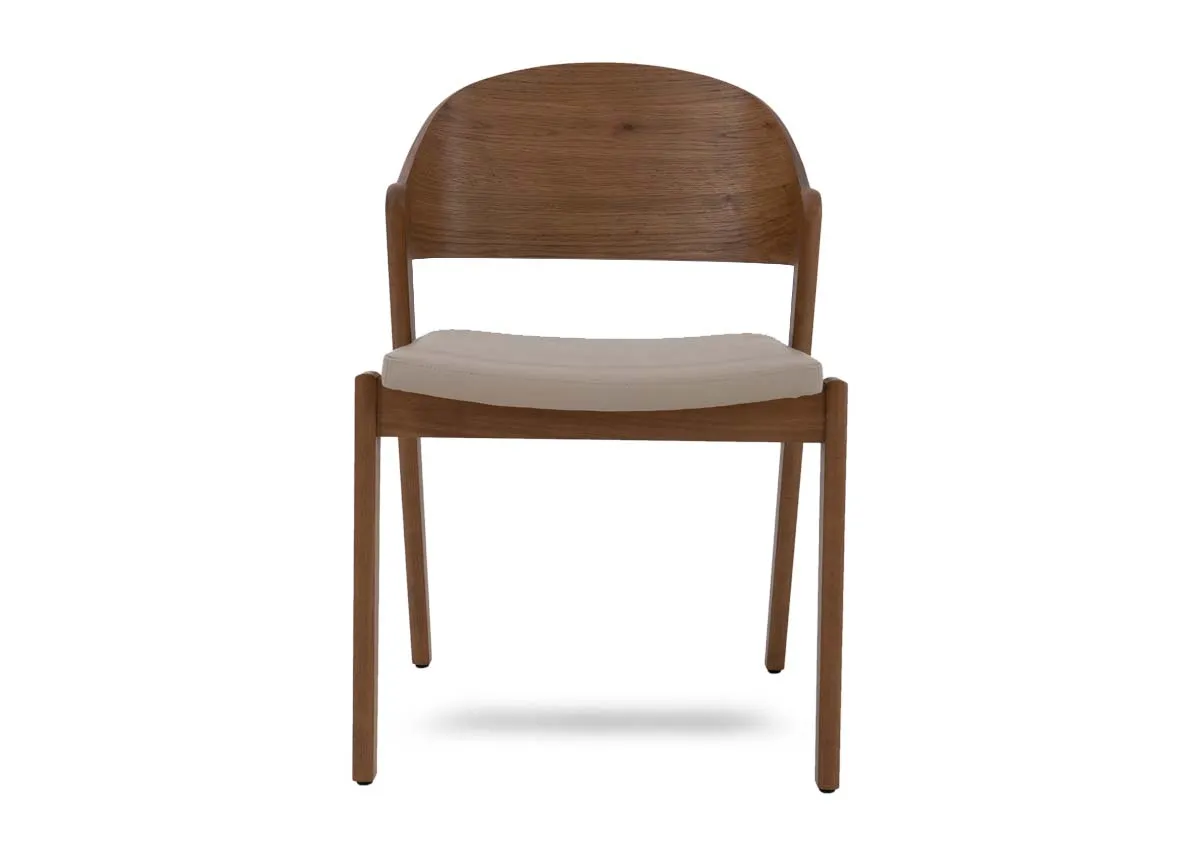 A rustic oak framed dining chair from EZ Livings Vega range. Front view of padded seat.