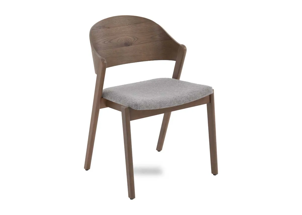 A grey oak dining chair with fabric seat from EZ Livings Vega range. Angled view.