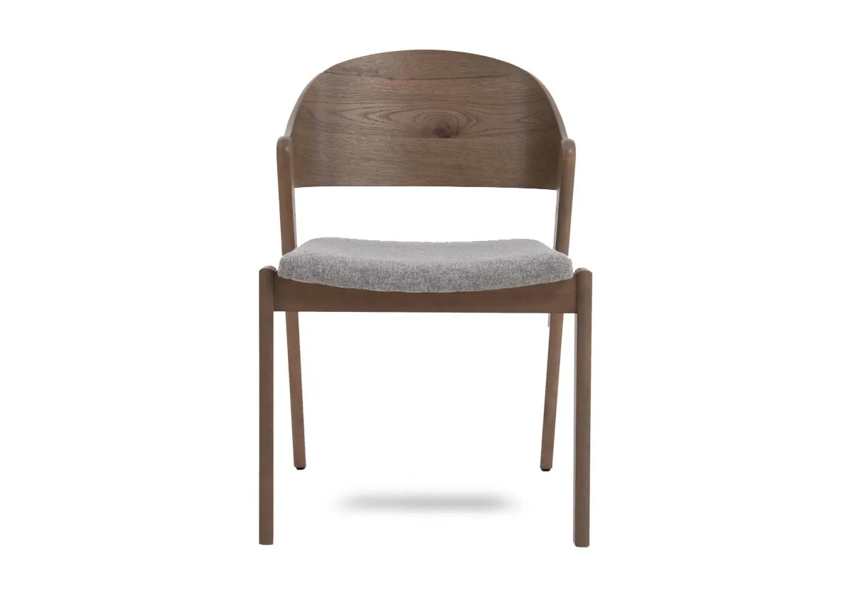 A grey oak dining chair with fabric seat from EZ Livings Vega range. Front view
