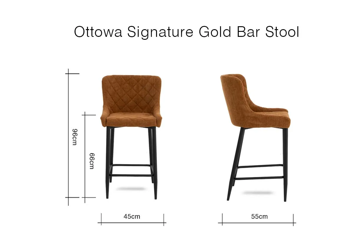 A gold fabric bar stool from EZ Livings Ottowa Range. Back view