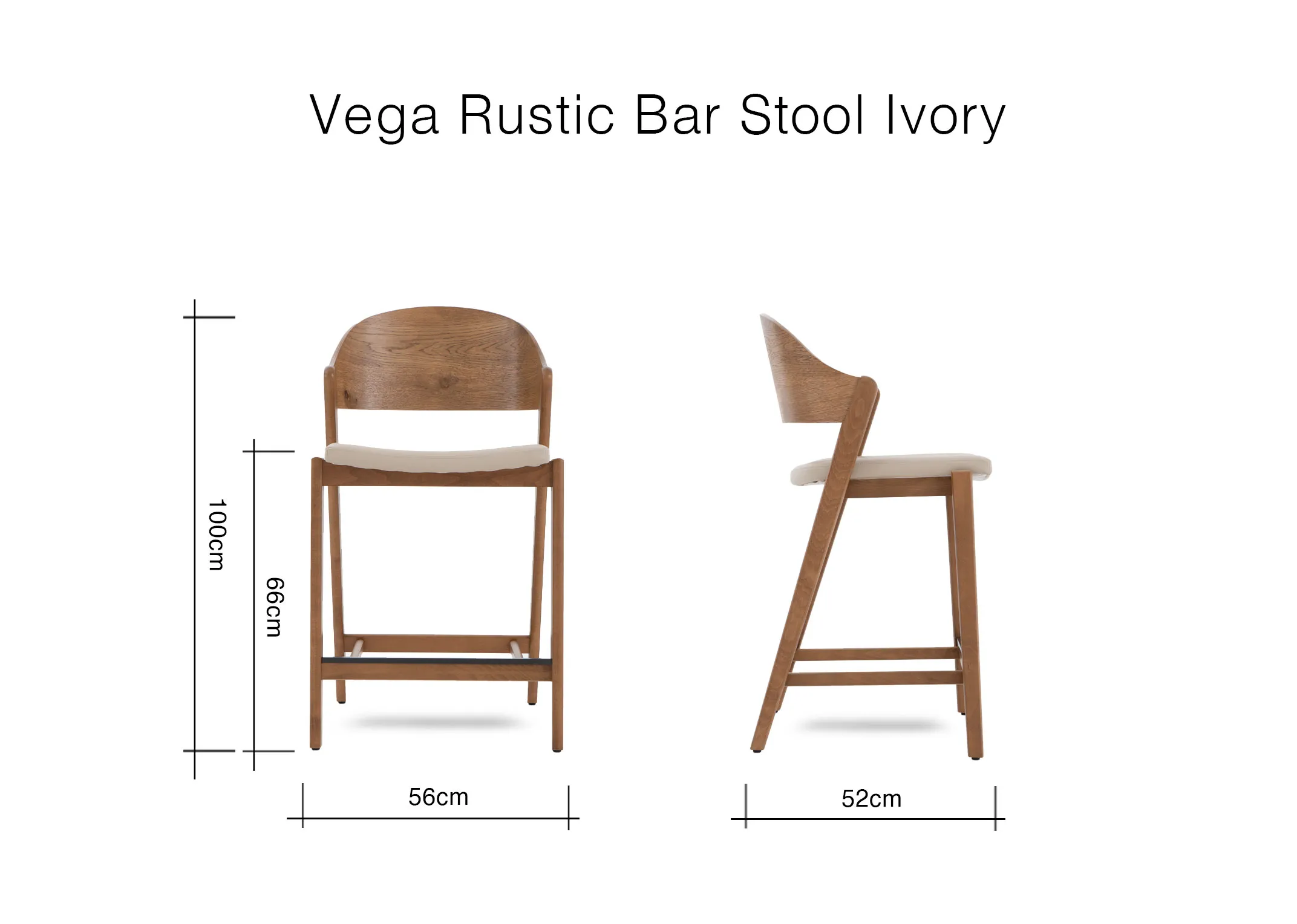 A dimension image of the Vega Bar Stool with 56cm x 52cm x 100cm