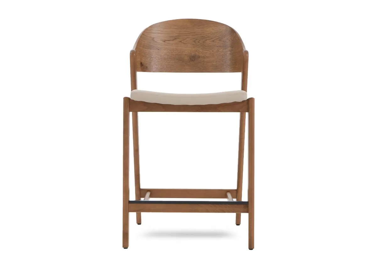 A rustic oak bar stool with ivory faux leather seat from EZ Livings Vega range. Front view of slim seat cushion