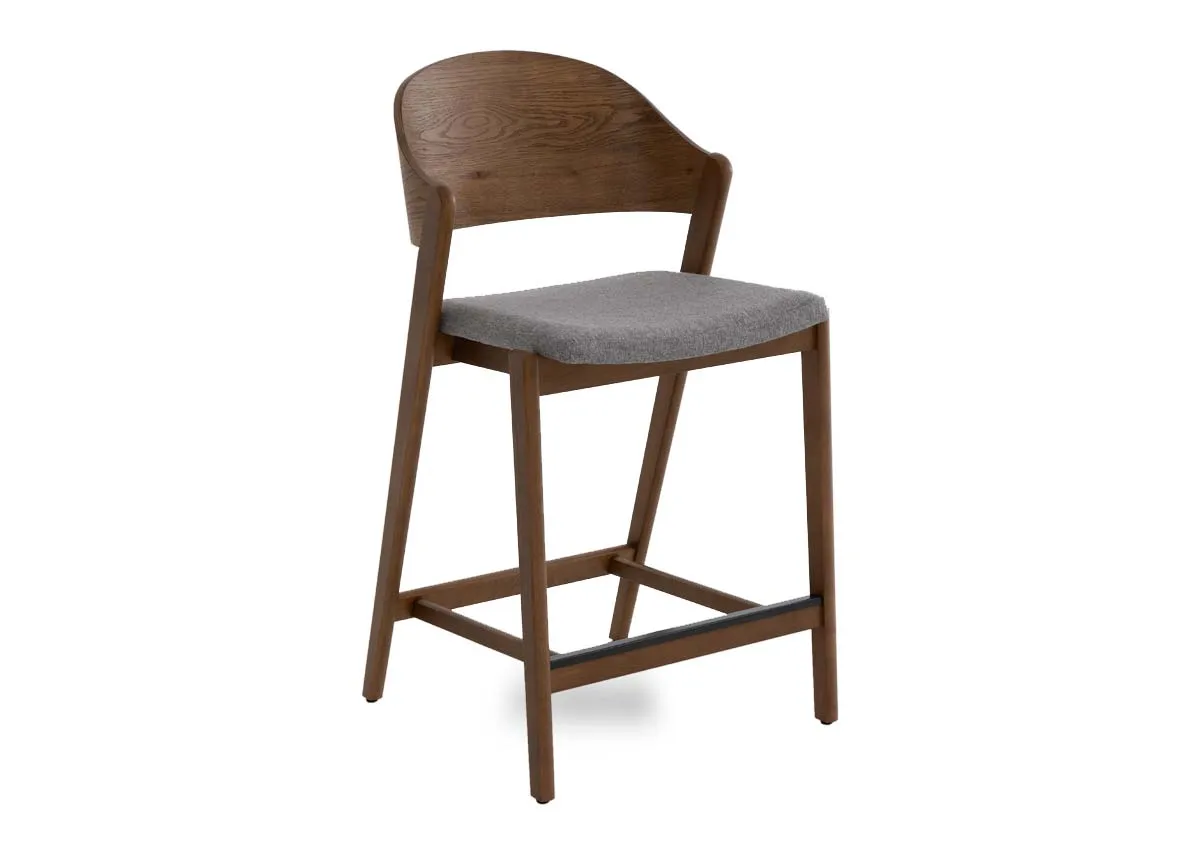 A smoked oak bar stool with grey fabric seat from EZ Livings Vega range. Angled view.