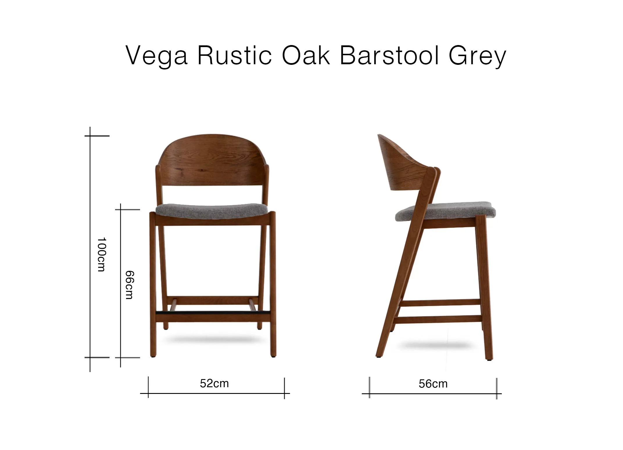 A dimension image of the Vega Bar Stool with 52cm x 56cm x 100cm