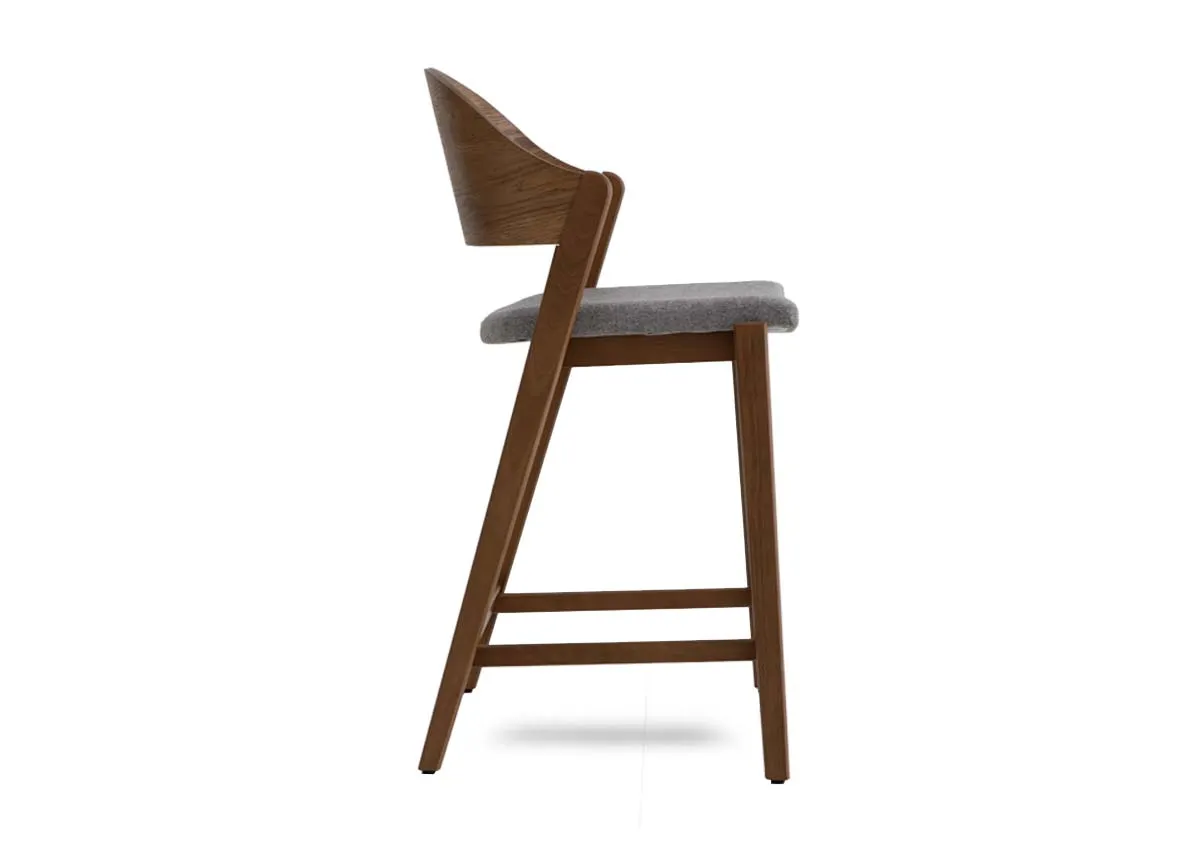 A smoked oak bar stool with grey fabric seat from EZ Livings Vega range.Side view