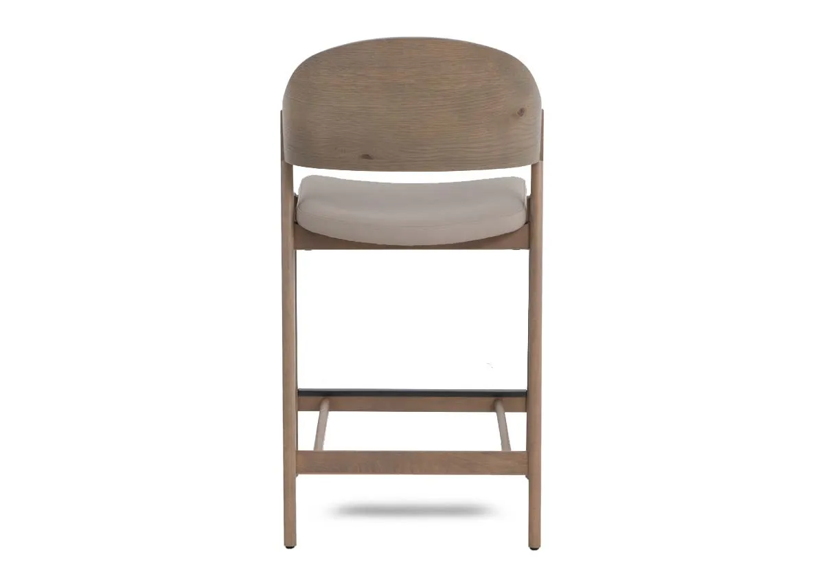 A rustic oak bar stool with grey leather seat from EZ Livings Vega range. Back view