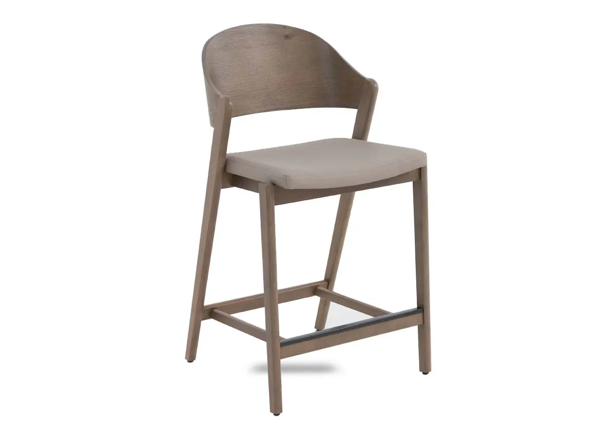 A rustic oak bar stool with grey leather seat from EZ Livings Vega range.