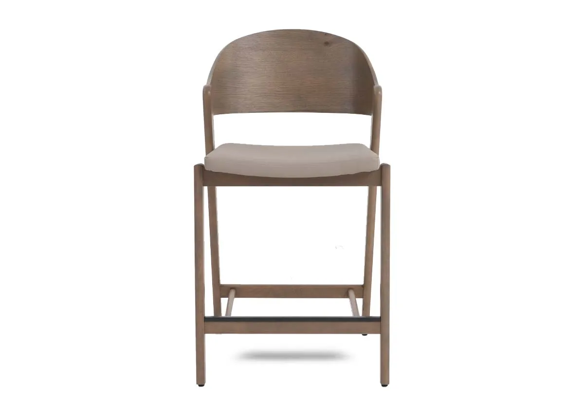 A rustic oak bar stool with grey leather seat from EZ Livings Vega range. Front view