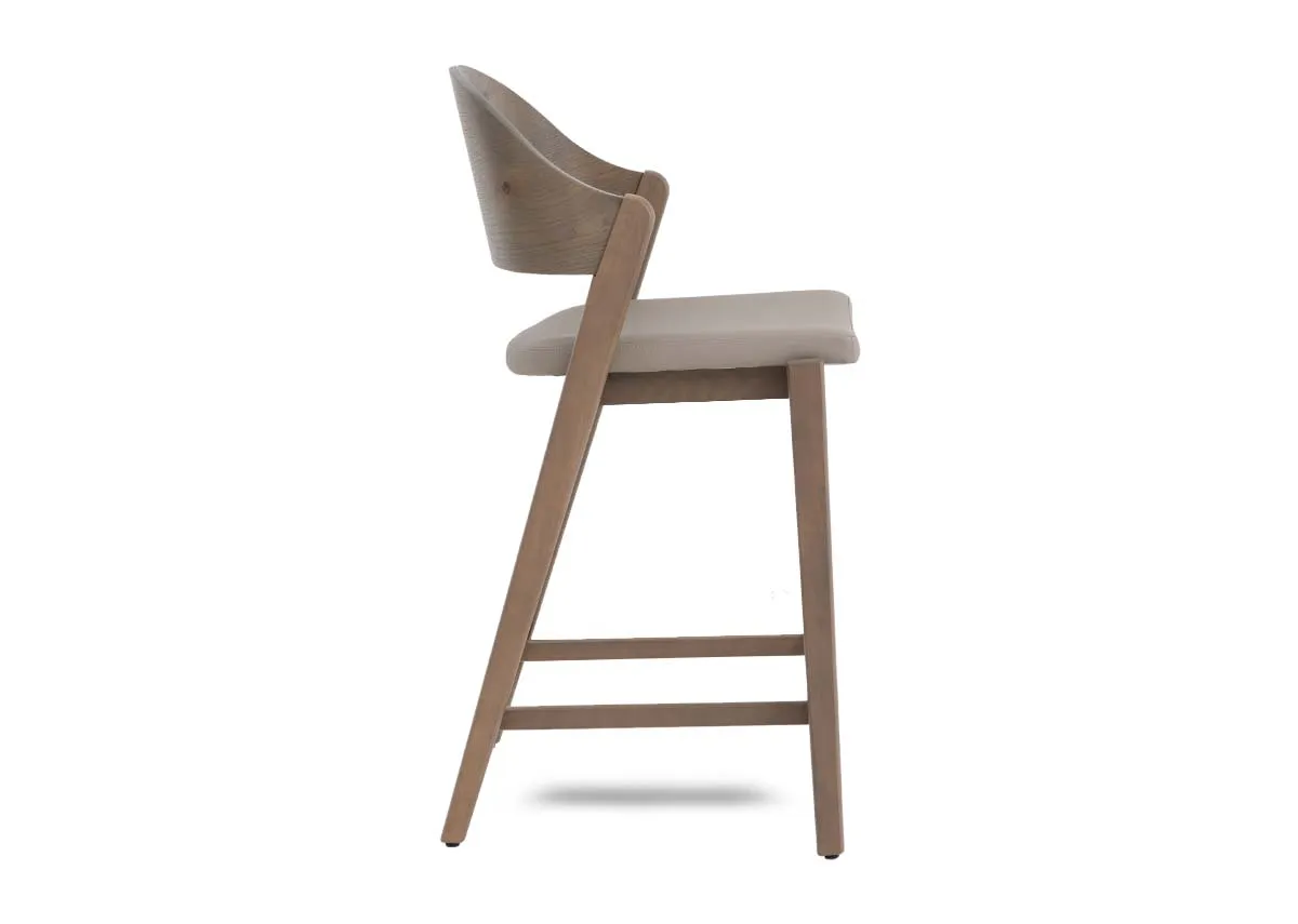 A rustic oak bar stool with grey leather seat from EZ Livings Vega range. Side view