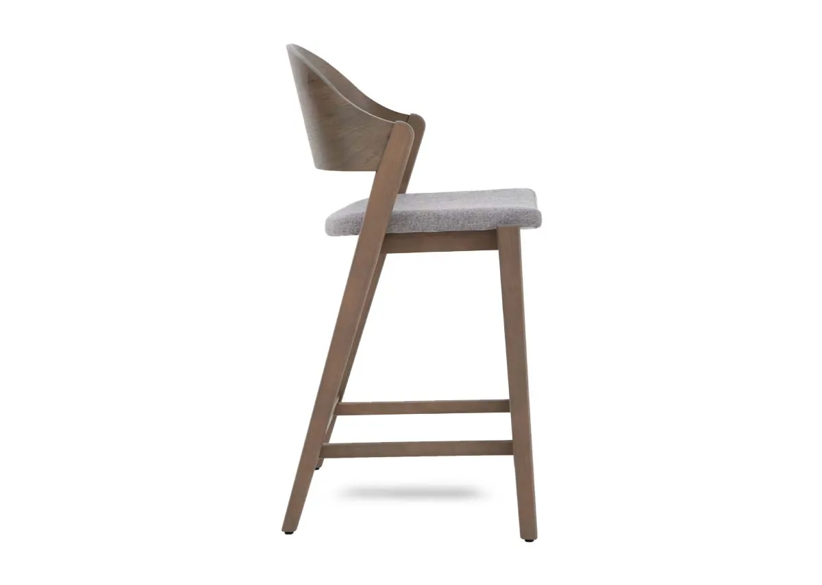 A grey oak bar stool with grey leather seat from EZ Livings Vega range. Side view
