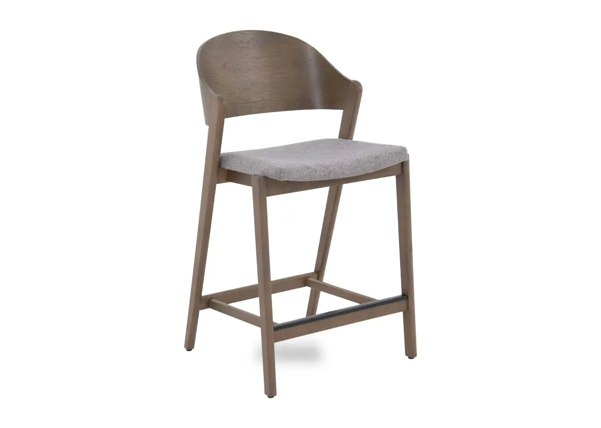 A grey oak bar stool with grey leather seat from EZ Livings Vega range. Angled view of arched seat back.