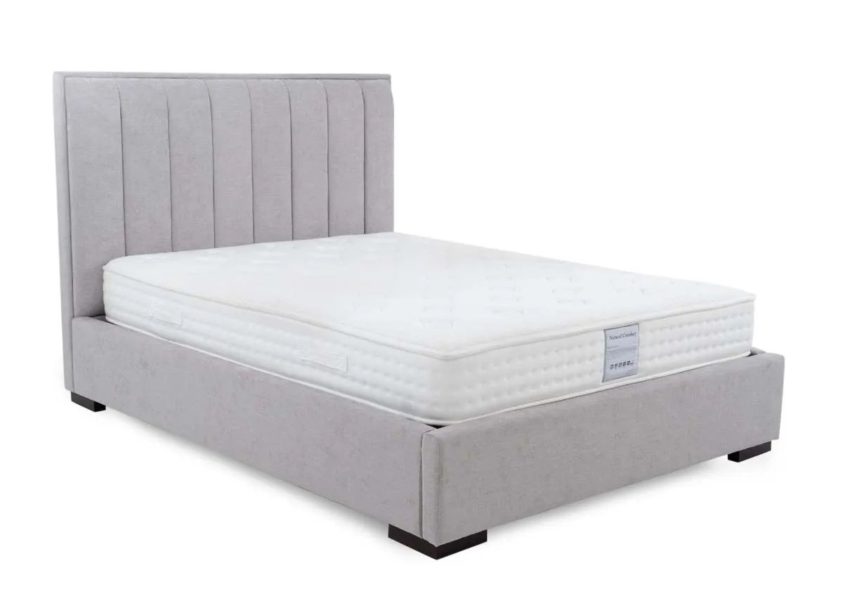 A light grey 4ft6 bed from EZ Livings Liberty range. Angled view of the bed with mattress not included.