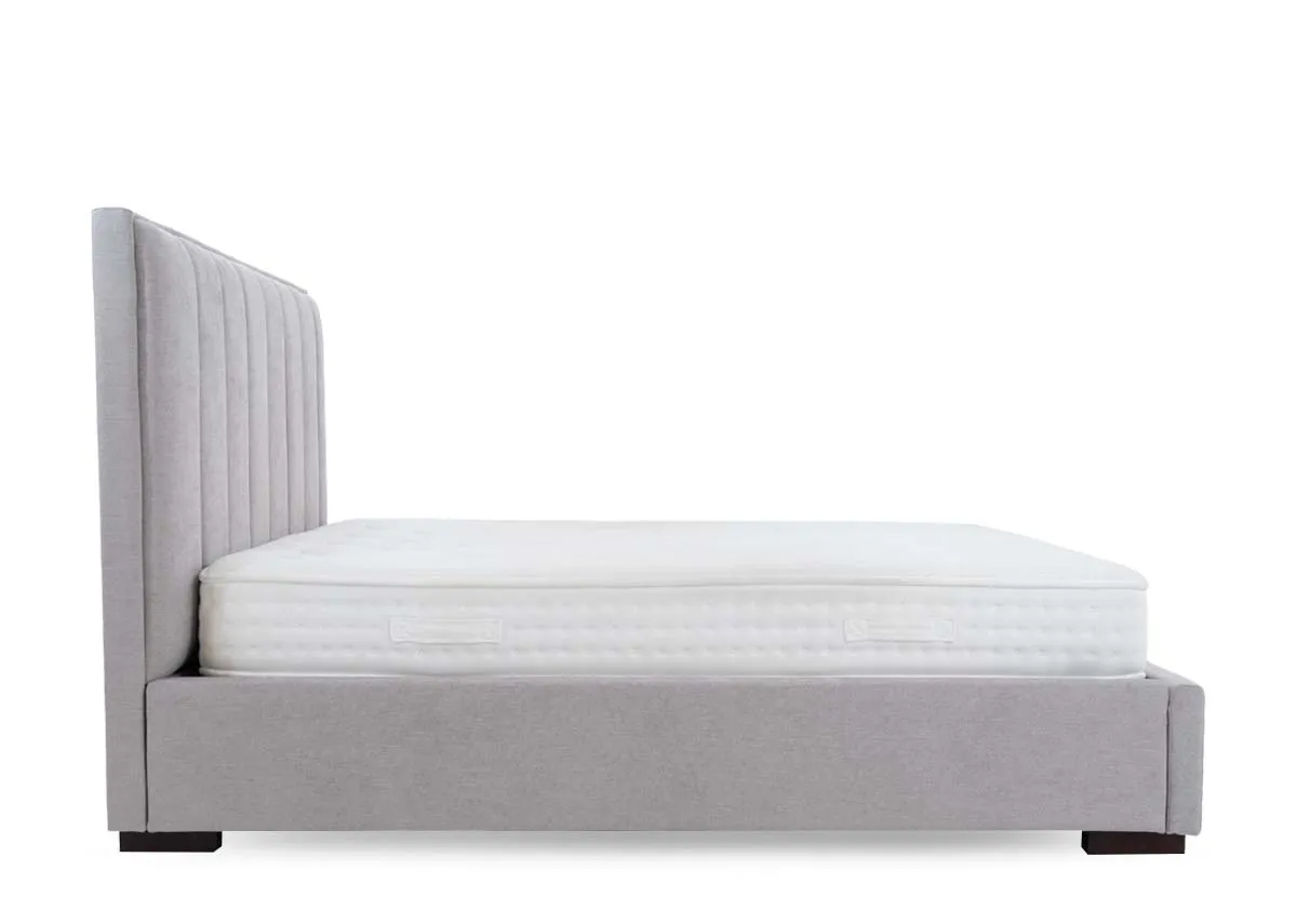 A light grey 4ft6 bed from EZ Livings Liberty range. Side view of fabric covered sides