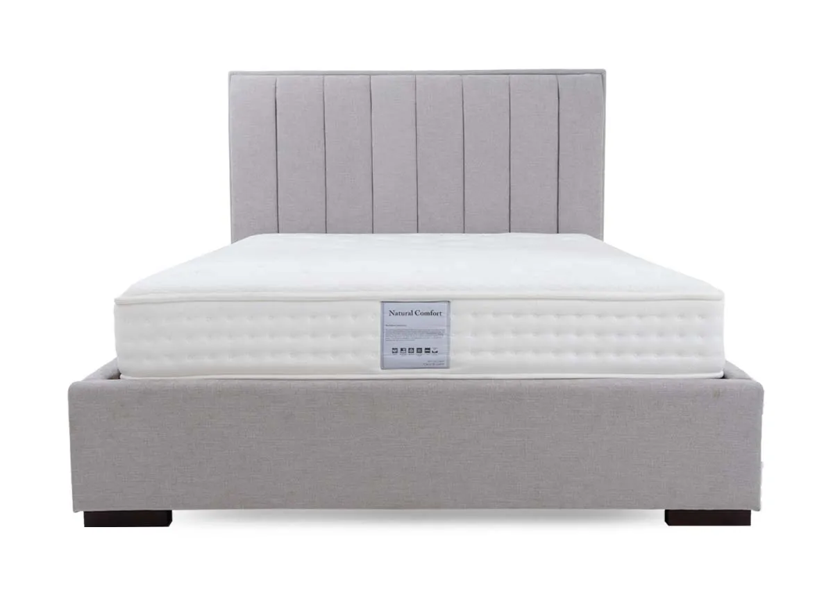 A light grey 4ft6 bed from EZ Livings Liberty range. Front view of tufted detail headboard.