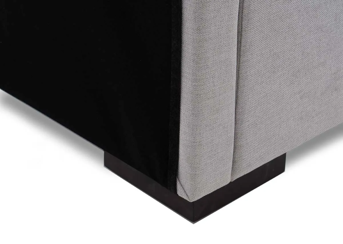 A light grey 4ft6 bed from EZ Livings Liberty range. Closeup of the black feet