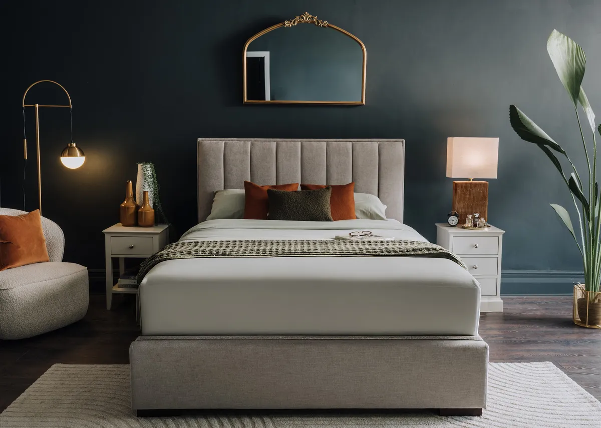 A lifestyle image of the Liberty Bedframe with Eroka mirror and rivendale lockers and chest