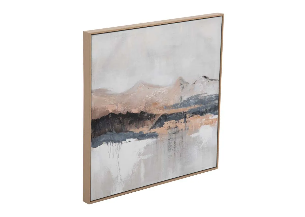 An oil painting of a mountainscape from EZ Livings wall art range. Angled view