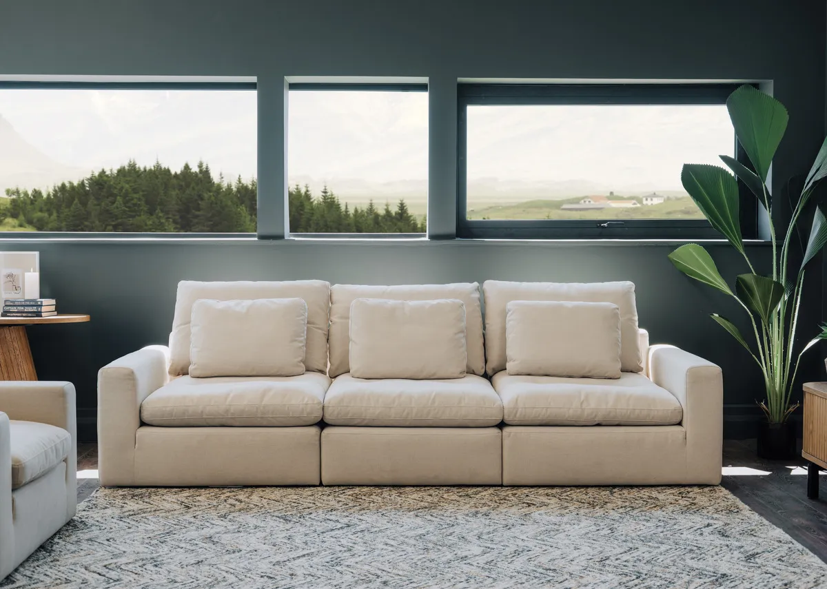 3 Seater Beige Easy Clean Fabric Sofa - Cozy