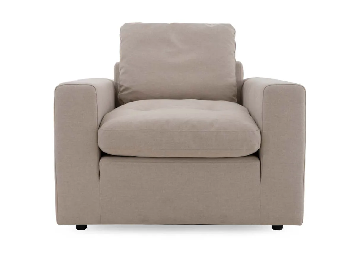 A beige linen armchair from EZ Livings Cozy range. Front view of padded seat cushions