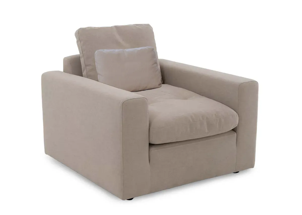 A beige linen armchair from EZ Livings Cozy range. Angled view