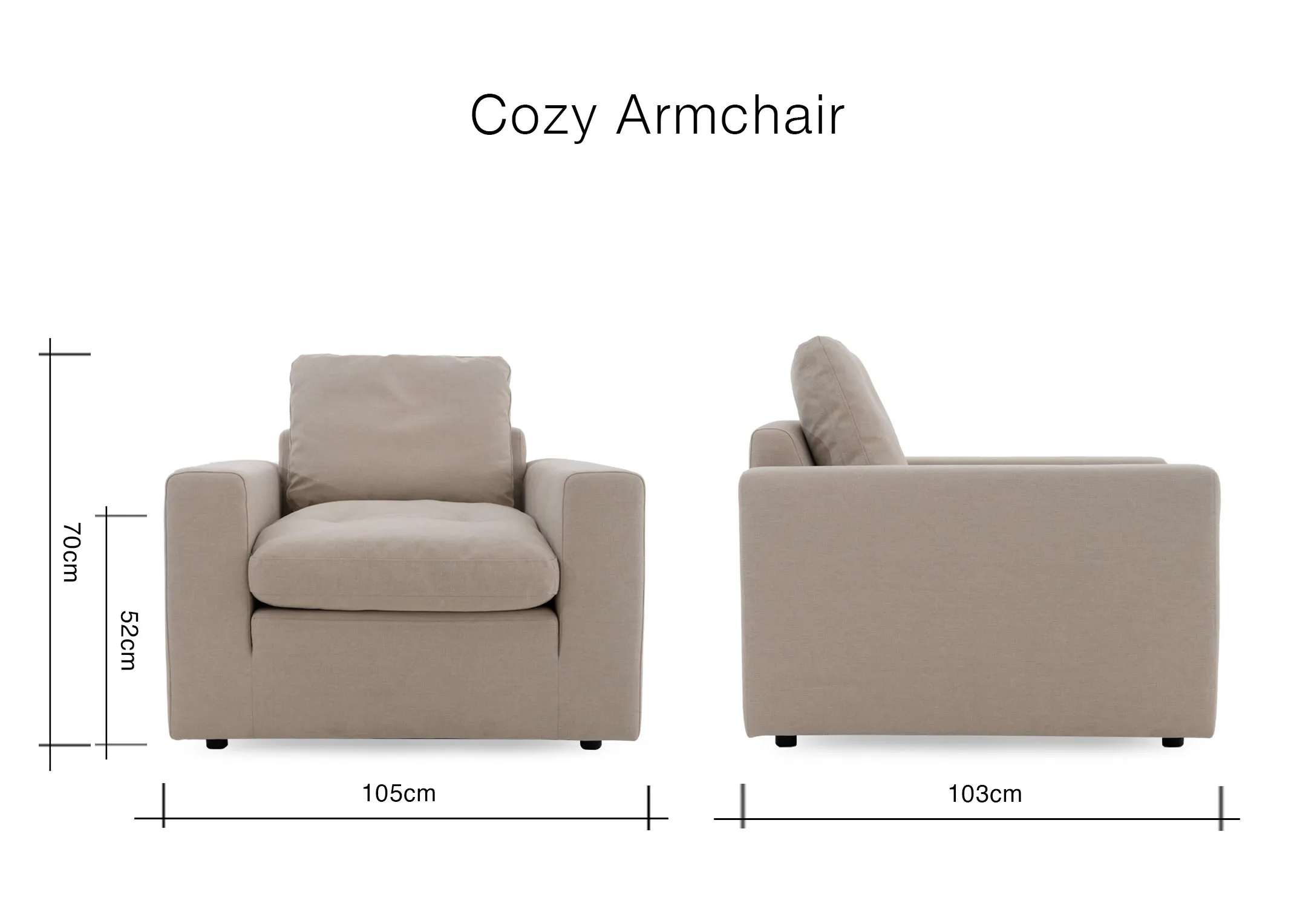 A dimension image of the Cosy armchair with 105cm x 103cm x 70cm