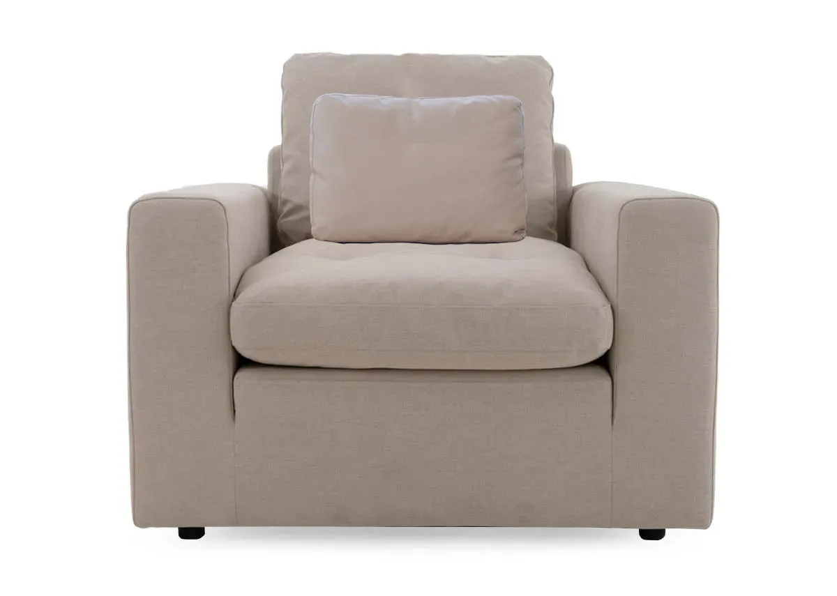 A beige linen armchair from EZ Livings Cozy range. Front view
