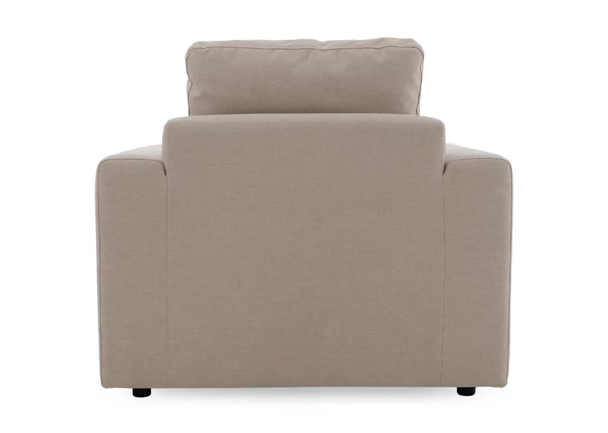 A beige linen armchair from EZ Livings Cozy range. Back view