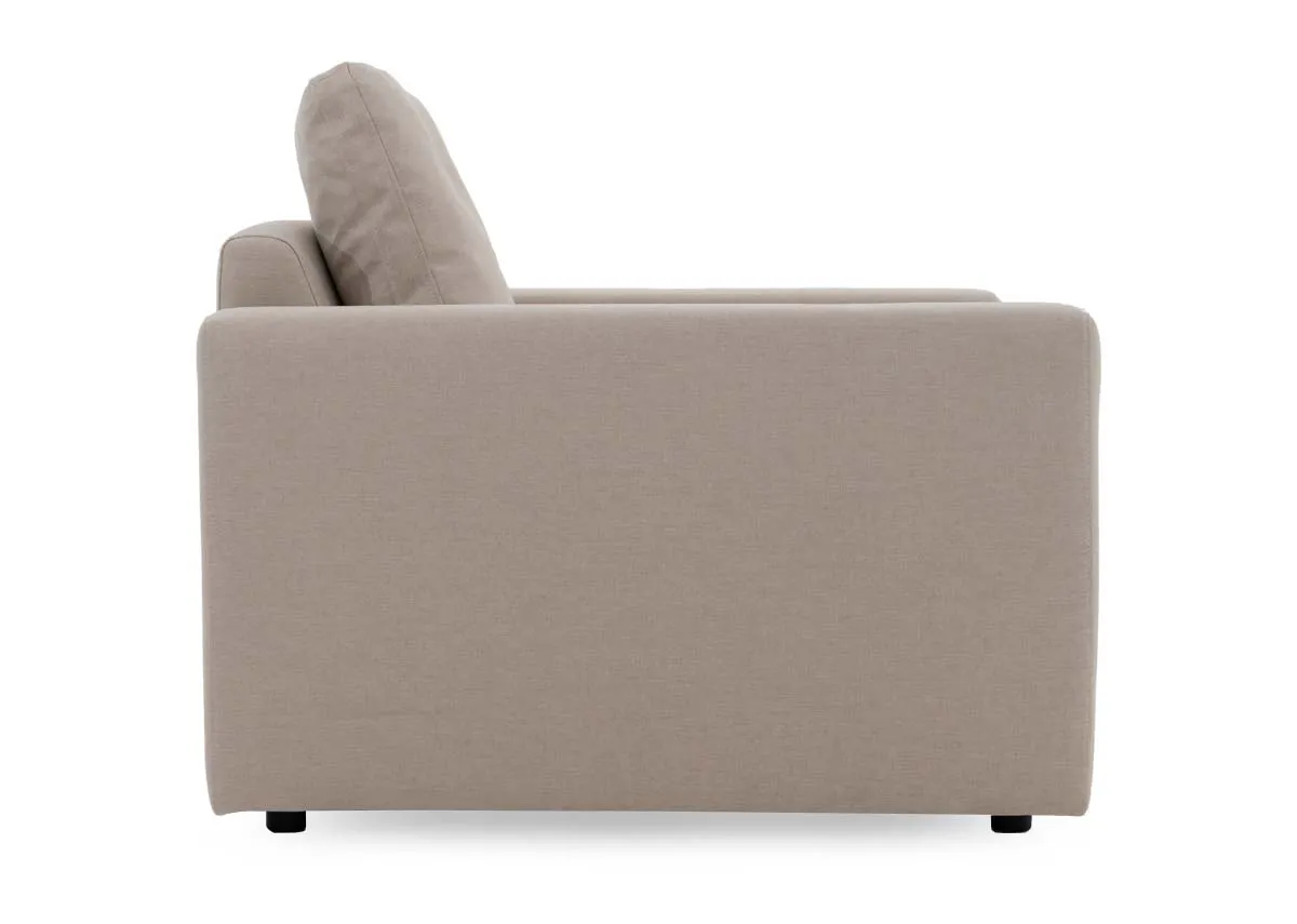A beige linen armchair from EZ Livings Cozy range. Side view