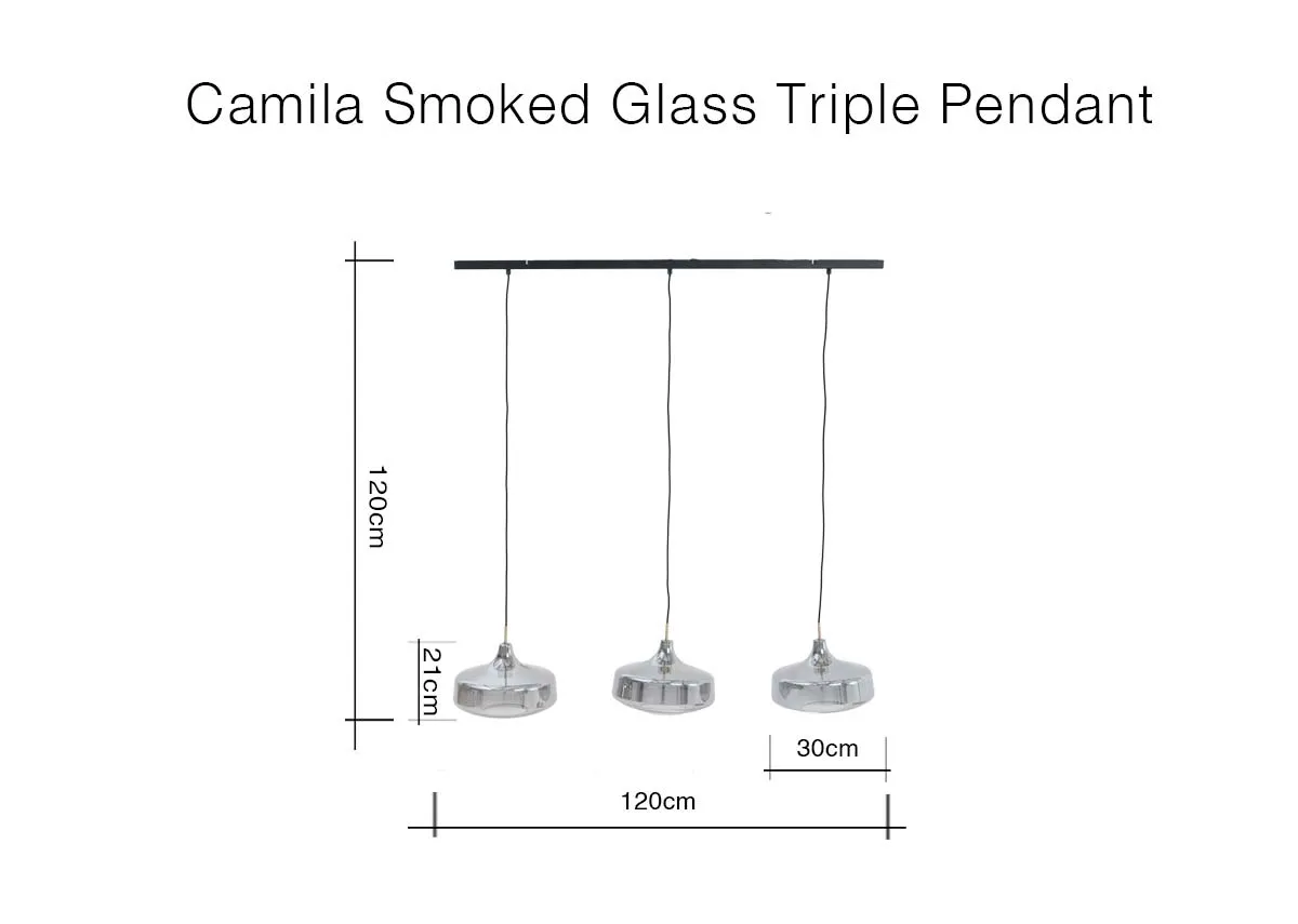 A dimension image of the Camila smoked triple pendant with 120cm x 120cm