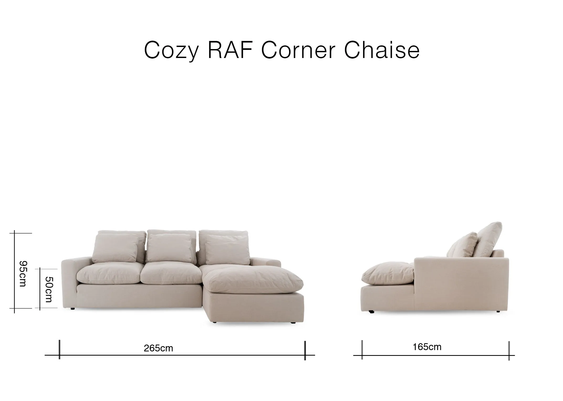 A dimension image of the Cozy RAF Chaise with 265cm x 109-165cm