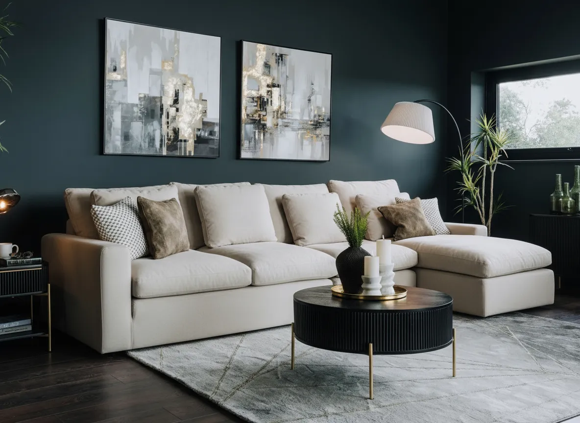 A lifestyle image of the Cozy chaise with avery rug and rego table.