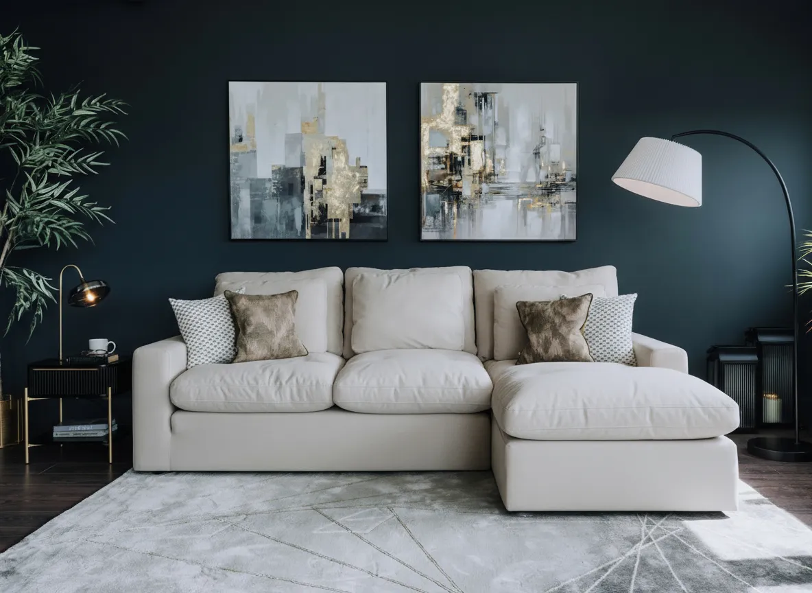 A lifestyle image of the Cozy chaise with Lifted prints and rego table with an extra arlmless unit to extend sofa