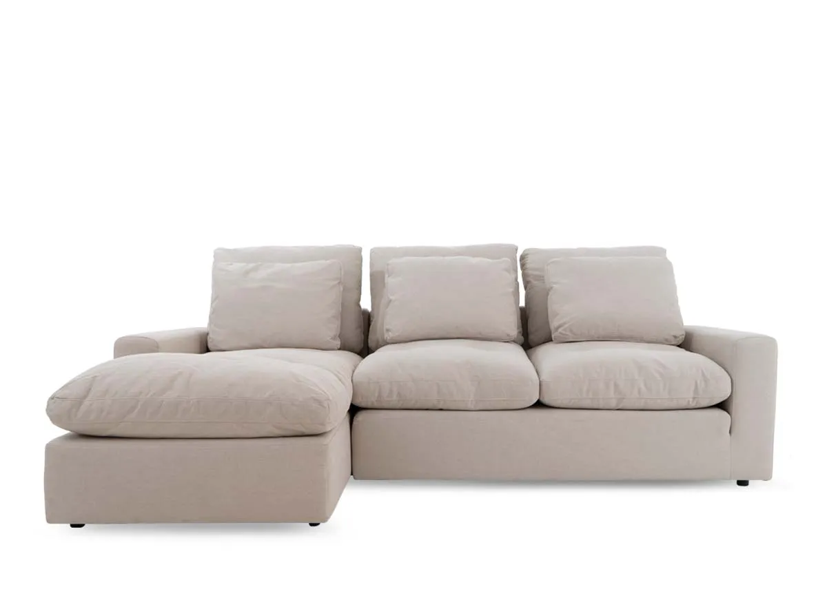 A 3 seater beige chaise from EZ Livings Cozy range. Side view