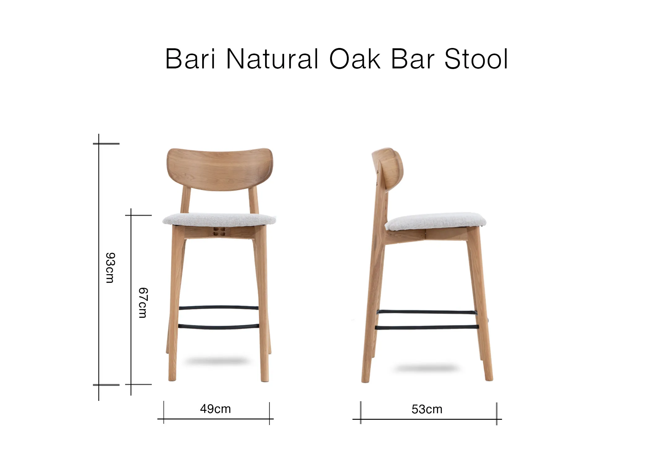 A dimension image of the Bari Stool with 49cm x 53cm x 93cm x 67cm