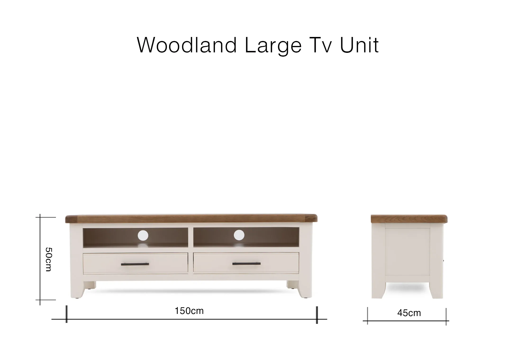 A dimension image of the Woodland TV Unit with 150cm x 45cm x 50cm