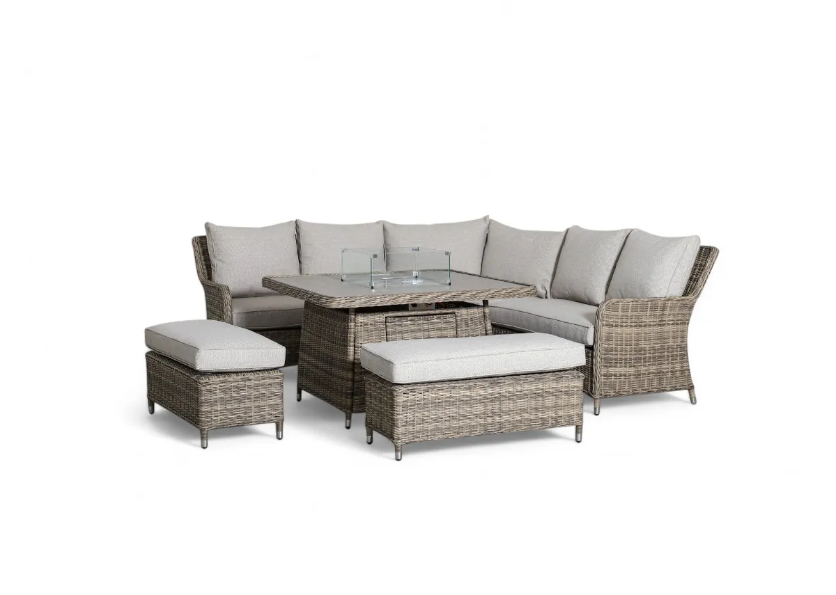 Corner Garden Set with Ceramic Table with Firepit & 2 Ottomans - Monterey