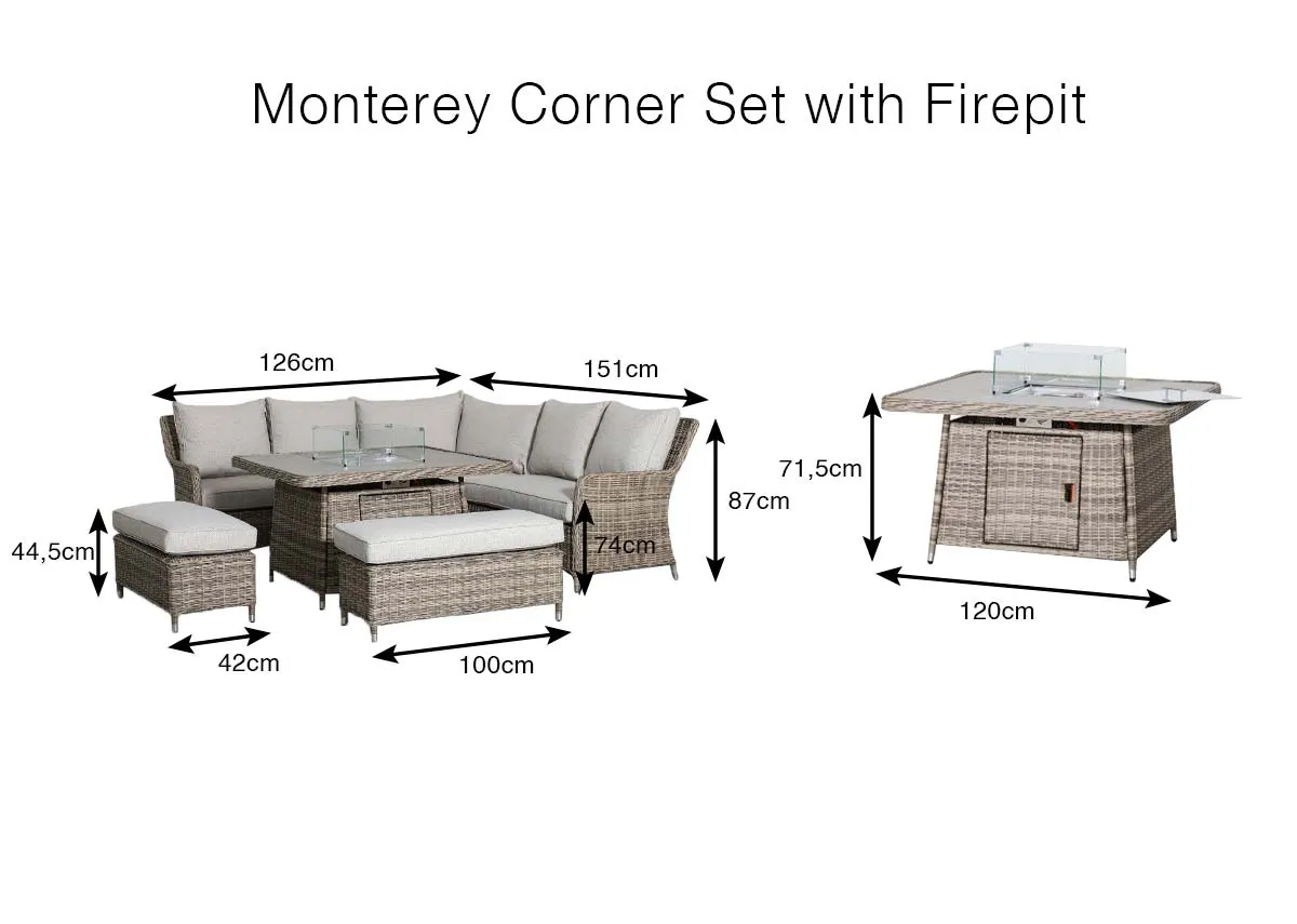 A Dimension image of the Monterey Corner set with firepit table with 120cm x 70.5cm table