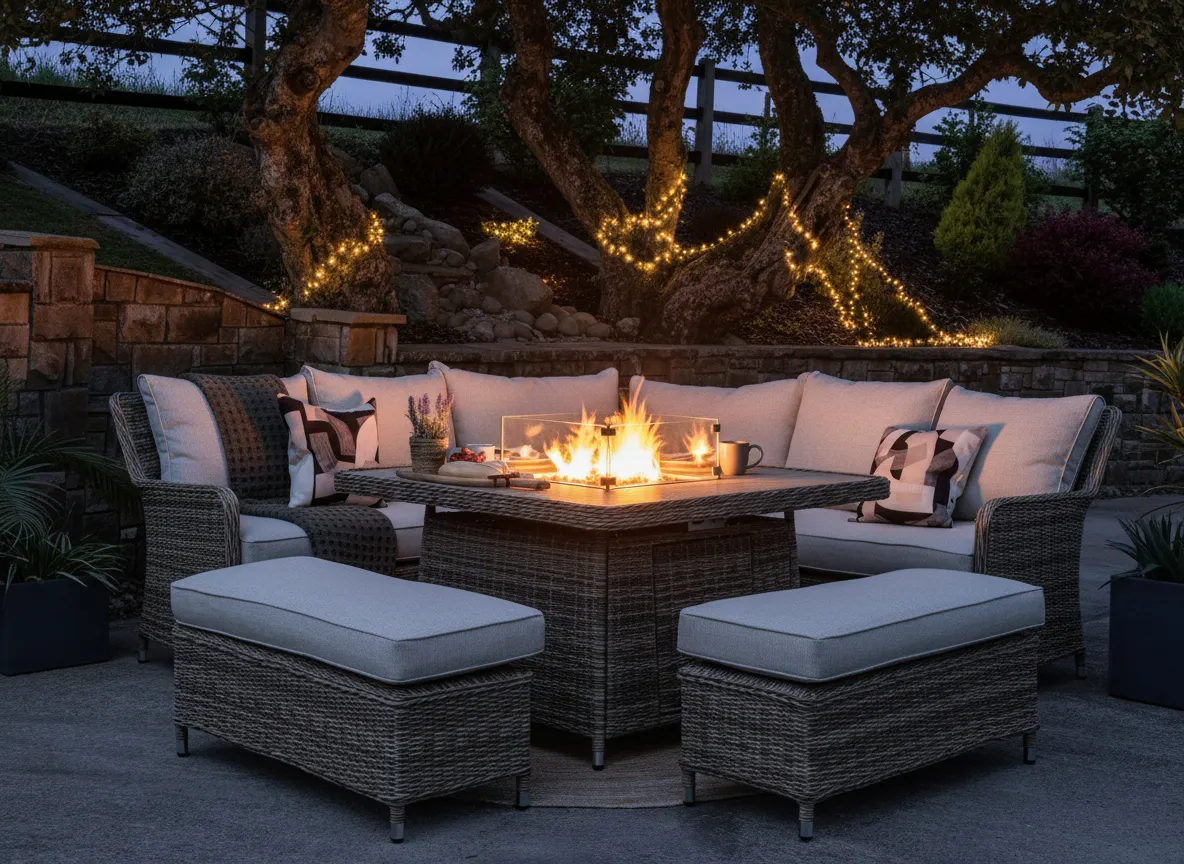 A lifestyle image of the Monterey Garden set with firepit and 2 otoomans in a large garden
