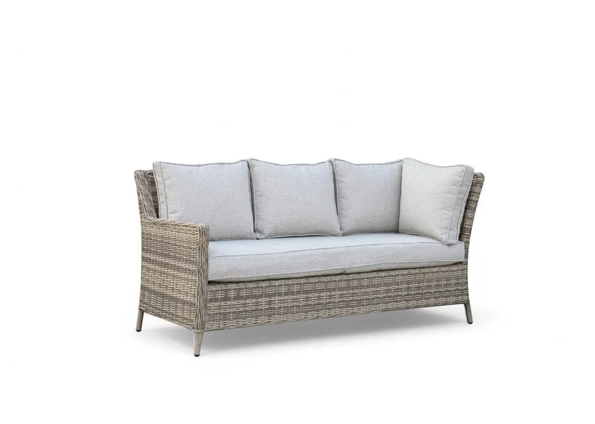 A grey corner woven garden set in 2 parts. Close up of Monterey and grey padded seat cushions.