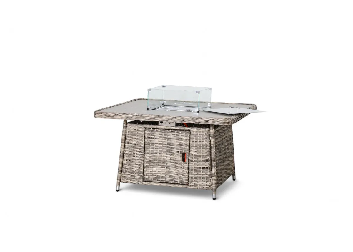 A grey corner woven firepit table with glass top from EZ Livings Monterey range