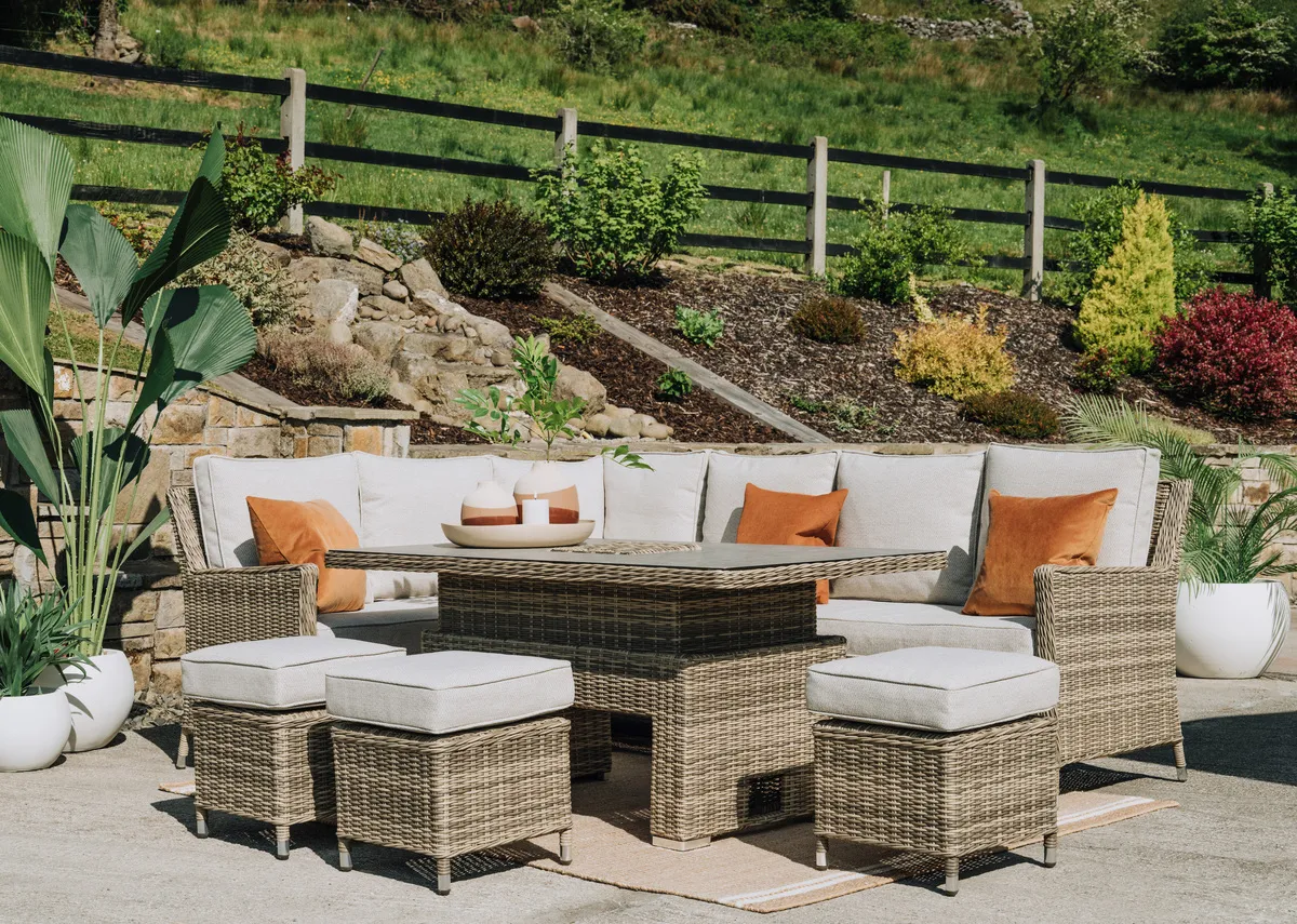 Corner Garden Set with Ceramic Rising Table & 3 Ottomans - Monterey