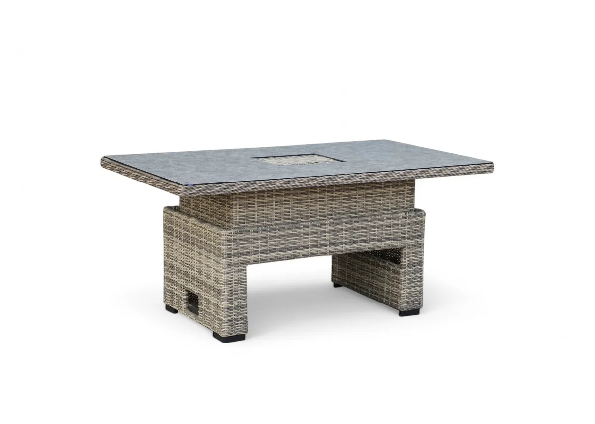 A dimension image of the Monterey Corner set wih rising table with